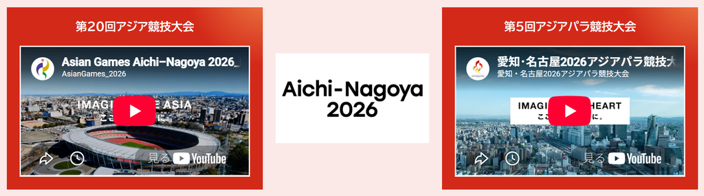 中央に「AIchi-Nagoya 2026」と記されたスクリーンショット。左には「第20回アジア競技大会」の見出しとYouTube動画のサムネイル、右には「第5回アジアパラ競技大会」の見出しとYouTube動画のサムネイルが見える。どちらのサムネイルも空撮された街並みが見えている。